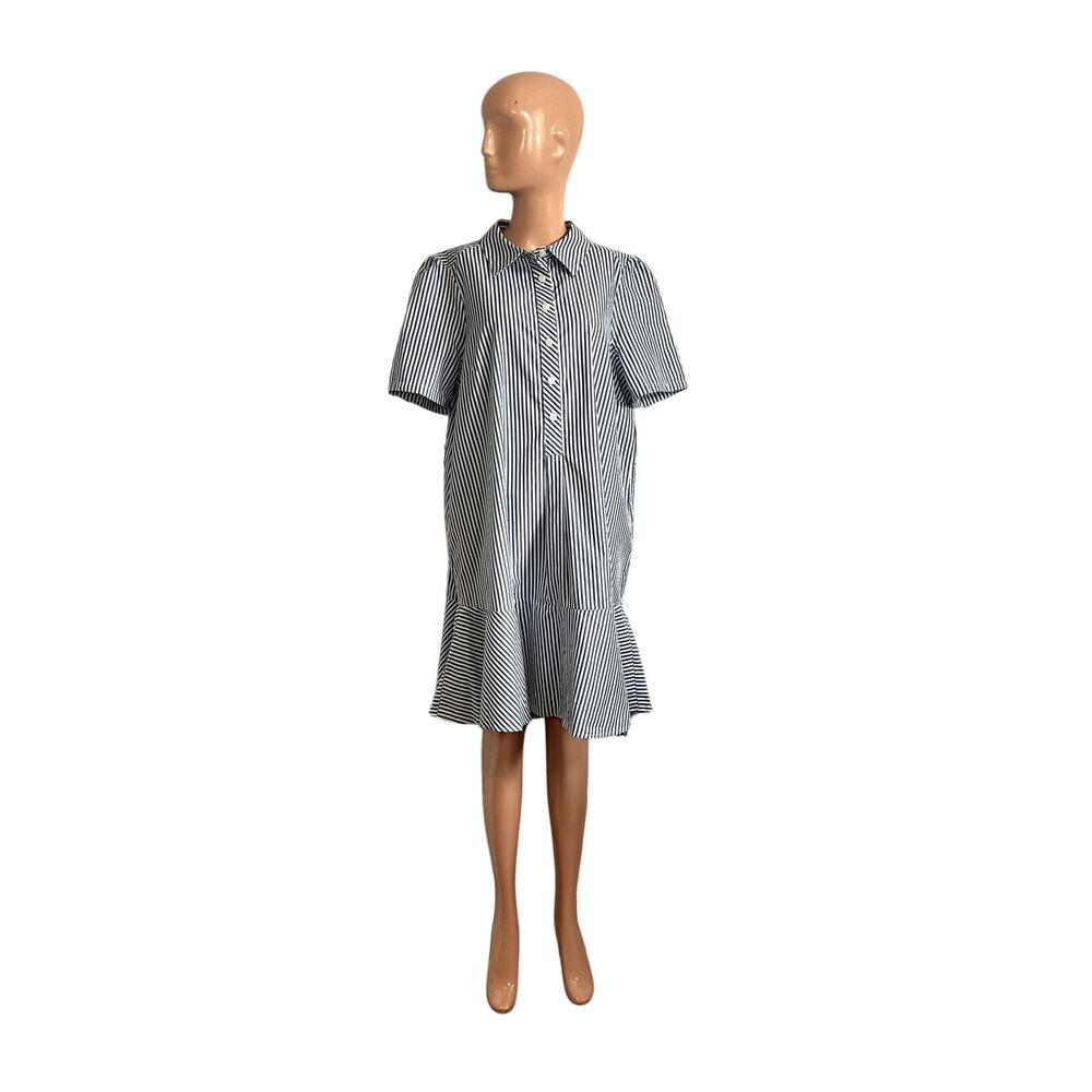 Tommy Hilfiger Blue White Striped Ruffle 14 Shirt Dress Cotton Coastal Preppy